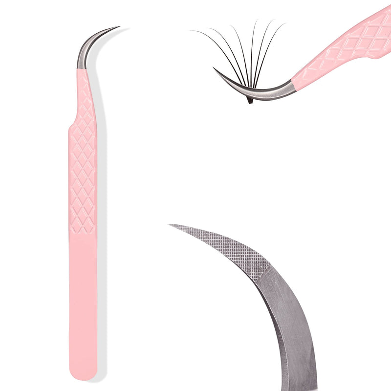 Fiber Tip Lash Tweezers for Eyelash Extensions, Professional Stainless Steel Lash Extension Tweezers for Volume Fan, Precision Supplies Work Best Tool（Curved） Curved Pink