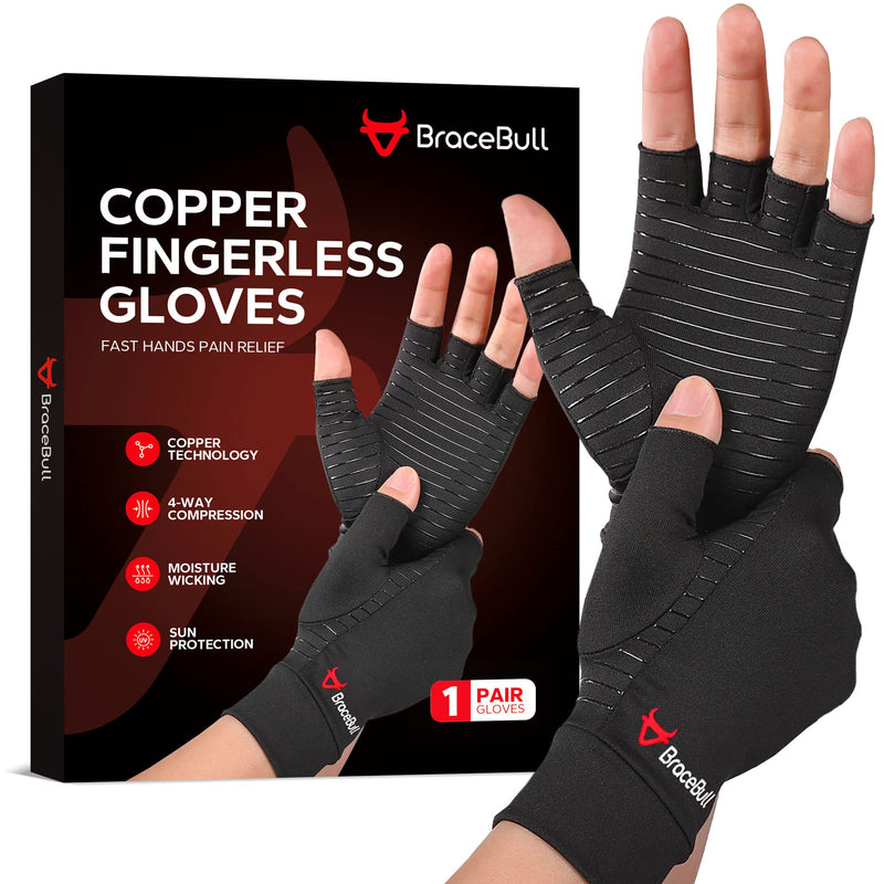 [Australia] - BraceBull Arthritis Gloves (2 Count), Copper Infused Fingerless Compression Gloves for Hand Pain, Carpal Tunnel, RSI, Rheumatoid, Tendonitis, and Relieve Muscle Pain for Women & Men (M, Black) Medium 