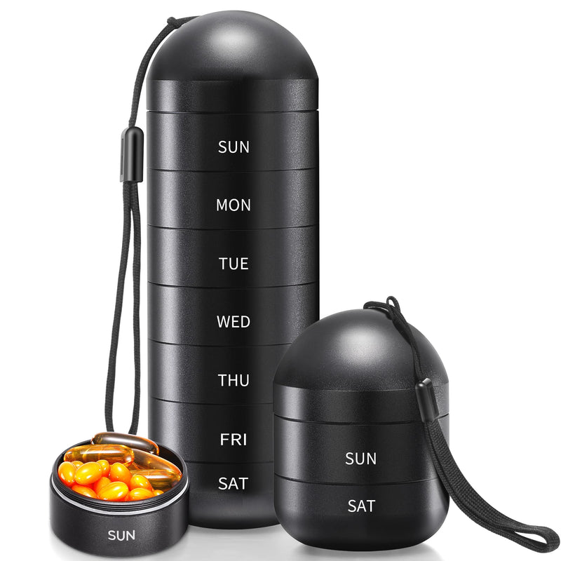 Zannaki XL Metal Travel Pill Organizer, Extra Large Waterproof Weekly Pill Box, Aluminum Alloy Pill Case Container, BPA Free 7 Day Daily Medicine Organizer Holder for Vitamin, Fish Oil, Supplement Black-xl