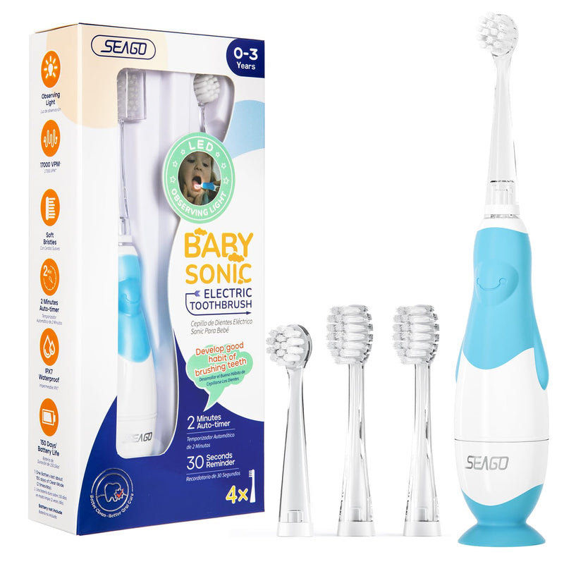 [Australia] - SEAGO Toddler Electric Toothbrushes for Baby Ages 0-3 Years, Baby Toothbrush with Smart Timer and Suction Base, 4 Replacement Brushheads (Blue-C) Blue-c 