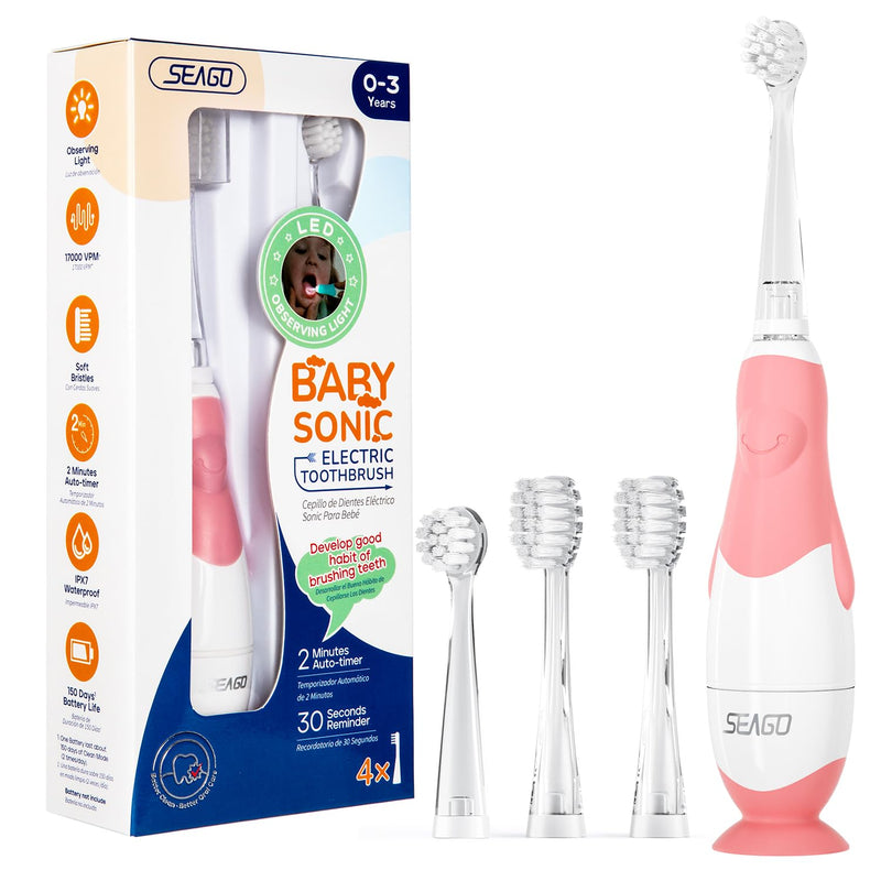 SEAGO Toddler Electric Toothbrushes for Baby Ages 0-3 Years, Baby Toothbrush with Smart Timer and Suction Base, 4 Replacement Brush Heads SG-513(Pink-C) Pink-c