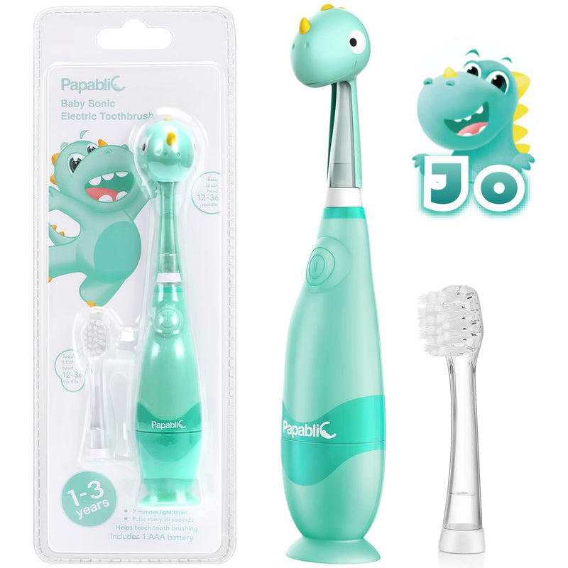 [Australia] - Papablic Toddler Sonic Electric Toothbrush Kids for Ages 1-3 Years, Baby Electric Toothbrush with Cute Dino Cover and Smart LED Timer, 2 Brush Heads (Jo) 2 Brush Heads Jo 