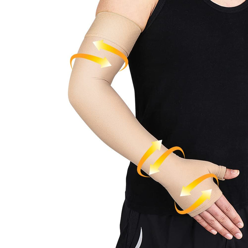 [Australia] - beister Lymphedema Medical Compression Arm Sleeve with Gauntlet for Men & Women (Single), 20-30 mmHg Full Arm Support with Dot Silicone Band, Graduated Compression Arm Brace for Swelling, Arthritis Beige Large 
