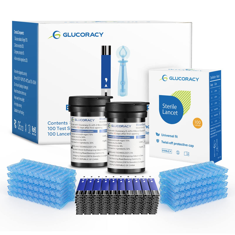 [Australia] - G-425-2 Blood Glucose Test Strips, 100 Counts Test Strips for Diabetes + 100 Counts Blood Lancets, Only for Glucoracy G-425-2 Meter Kit 