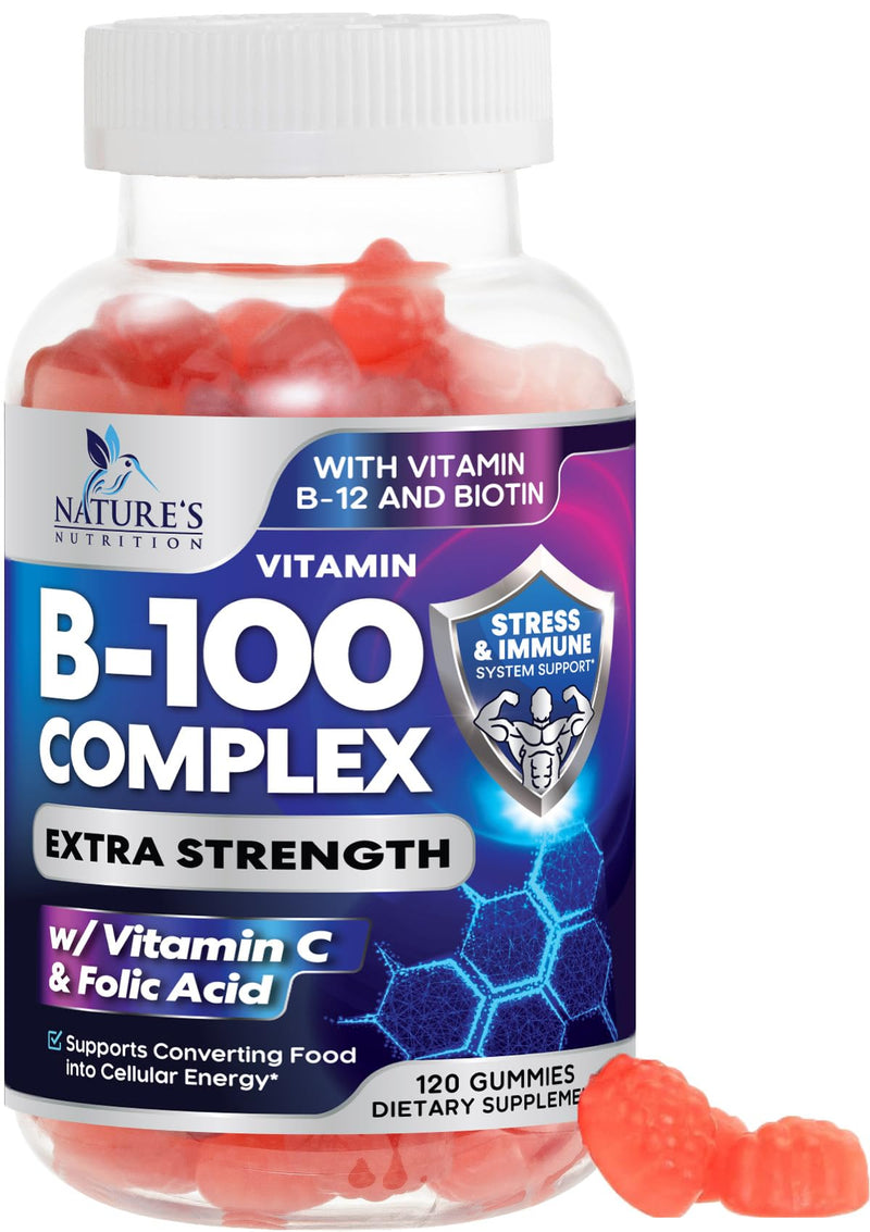 Vitamin B Complex Gummies - Extra Strength Super B Vitamin Gummy with Vitamin C, Immune Support for Men & Women - Energy and Brain Support Supplements with Folic Acid, Niacin, B6, B12 - 120 Gummies 120 Count (Pack of 1)
