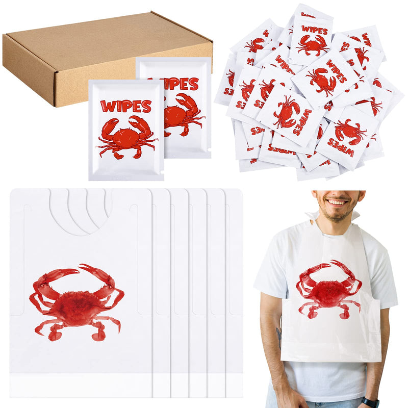 [Australia] - 100 Pcs Crab Bib Lobster Bib Wet Wipe Bundle 50 Pcs Disposable Adult Bibs 50 Pcs Moist Towelettes for Seafood Fest 