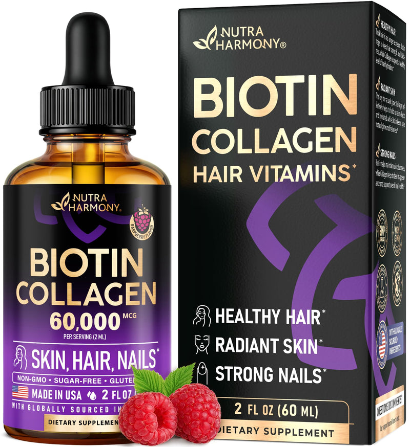 Liquid Biotin & Collagen 60,000mcg - Biotin for Hair Growth Support - 2 Oz | Liquid Collagen Supplement & Biotin - Extra Strength Drops for Women & Men - Strong Nails & Healthy Skin - Raspberry Flavor 2 Fl Oz (Pack of 1)