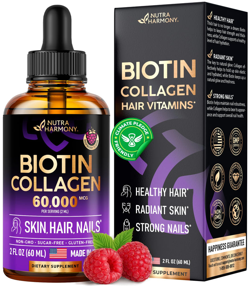[Australia] - Liquid Biotin & Collagen - Vitamins for Hair Growth Support for Women & Men - Extra Strength 60000 mcg Drops - B7 Supplement - Strong Nails & Healthy Skin - 98% Faster Absorption Than Pills 2 Fl Oz (Pack of 1) 