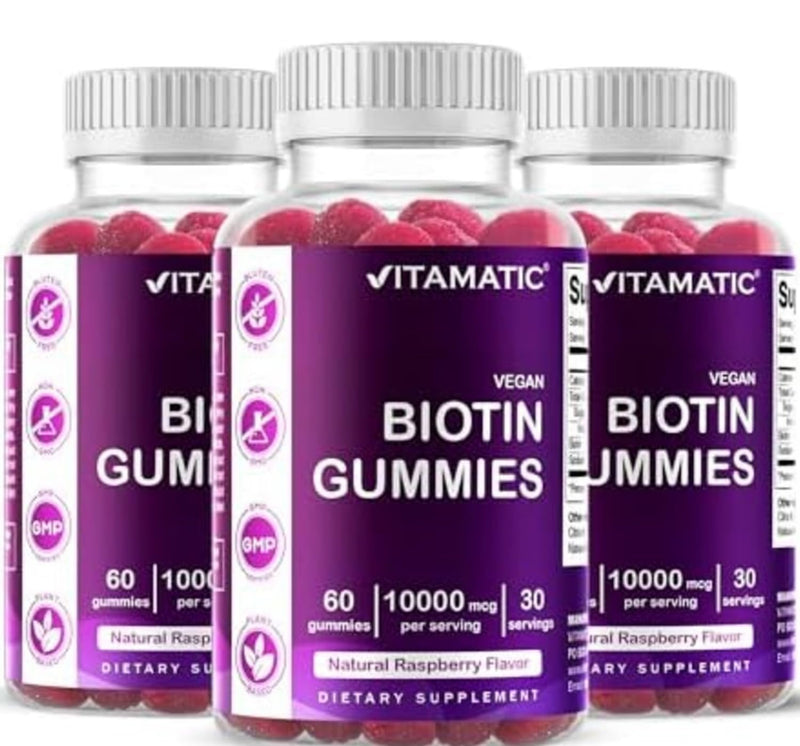 Vitamatic Biotin 10,000 mcg, 60 Vegan Gummies, Raspberry Flavor-3 Pack | 10000 mcg Per Serving, Natural Raspberry Flavor, Pectin Based, Non-GMO, Gluten Free, GMP Certified 3 Bottles