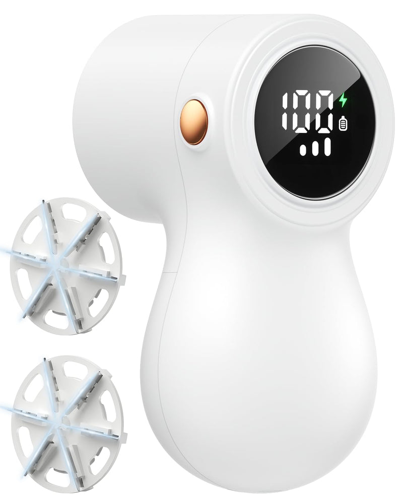 [Australia] - 𝗥𝗲𝗰𝗵𝗮𝗿𝗴𝗲𝗮𝗯𝗹𝗲 Fabric Shaver, coldSky Lint Remover for Clothes with 3 Replaceable Blades, Electric Lint Shaver with Digital Display, 3-Speeds Defuzzer for Removing Fuzz and Pill from Sweater White 