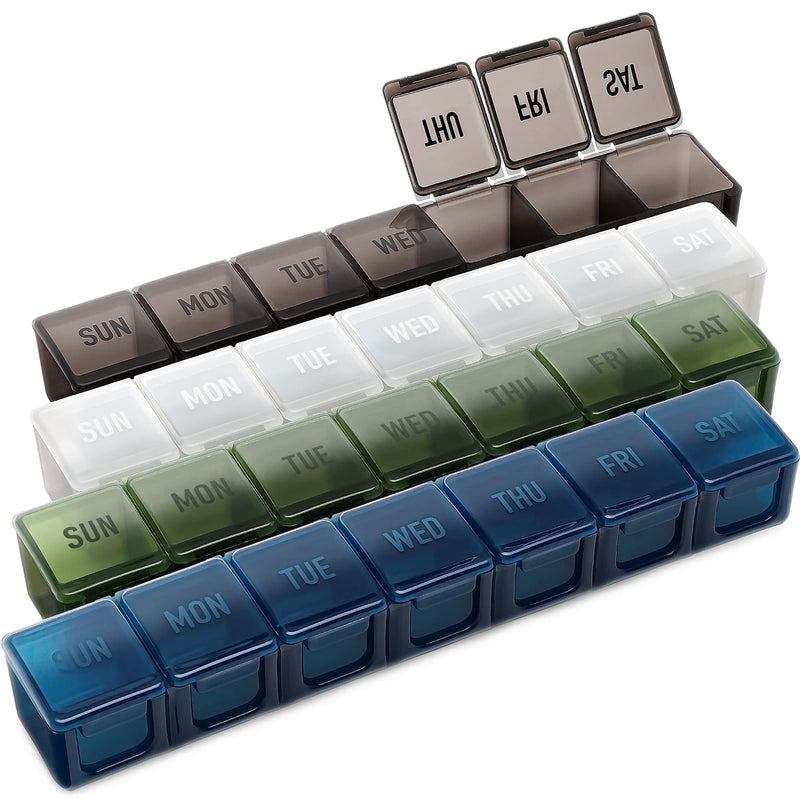 Hydra Cup [4 Pack] Weekly Pill Organizer & Vitamin Planner, Extra Large Mobile Medicine Box Value Pack, Unique Colors for Daily or Monthly Use, 7 Compartments.