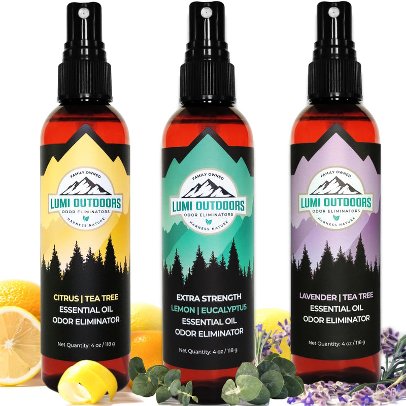 [Australia] - Lumi Outdoors Natural Shoe Deodorizer Spray 3 Pack Bundle - Lemon Eucalyptus, Citrus Tea Tree, Lavender Tea Tree 