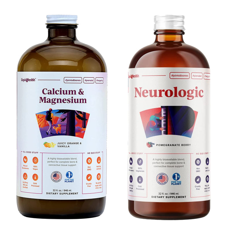 LIQUIDHEALTH Calcium and Magnesium & Neurologic Nootropic Liquid Vitamin Supplements Bundle for Adults - Support Bone & Tissue Health, Improve Memory, Focus & Concentration - Vegan, Non-GMO, USA Made