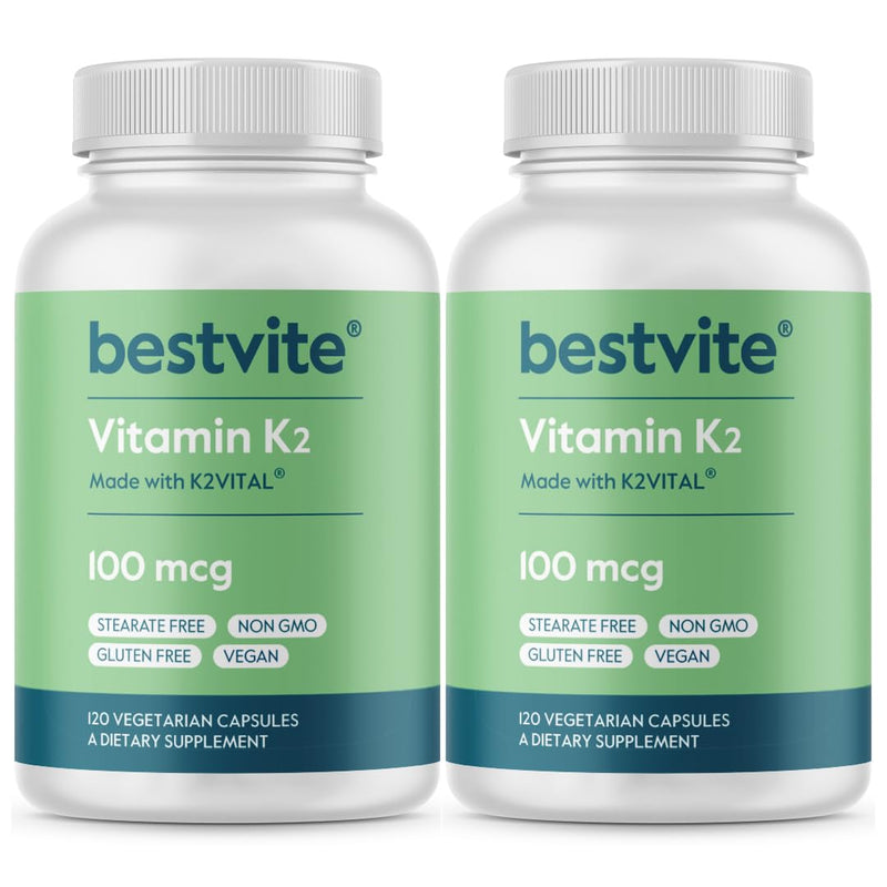 BESTVITE Vitamin K2 100mcg as MK-7 (240 Veg Caps)(120x2) | w/ Patented K2Vital - No Stearates - Vegan - Non GMO - Gluten Free - Easy to Swallow Capsules 120 Count (Pack of 2)