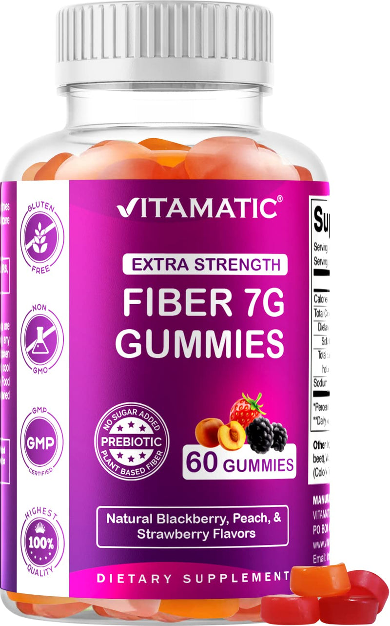 [Australia] - Vitamatic Prebiotic Fiber Gummies for Adults - 7G Fiber Extra Strength - Zero Sugar Added - 60 Pectin Based Gummies - Digestive Health & Regularity Support 60 Count (Pack of 1) 