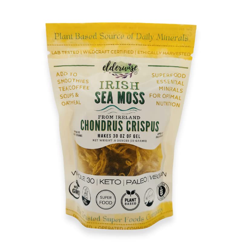 Irish Sea Moss, Wildcrafted, Organic Raw Chondrus Crispus, Makes 30oz Gel | Golden Irish Sea Moss From Ireland | Rinse and Soak Whole Leaf Sea Moss, Blend Gel for Smoothies, Drinks, Soups, or Sauces 1.23 Ounce (Pack of 1)