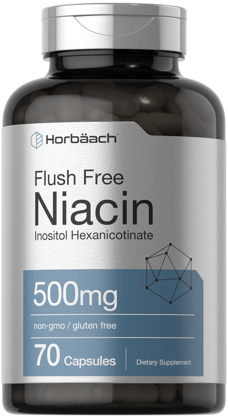 Horbaach Niacin 500mg Flush Free | 70 Capsules | Inositol Hexanicotinate | Vitamin B3 | Non-GMO & Gluten Free