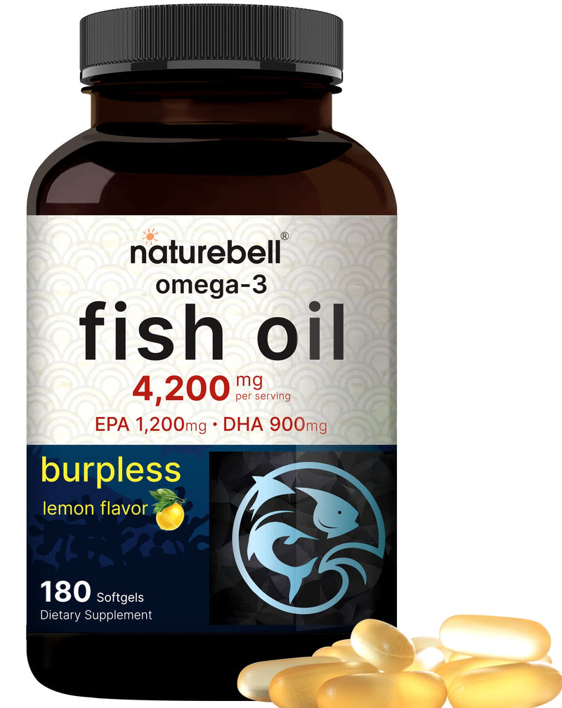 [Australia] - Omega 3 Fish Oil 4,200mg, 180 Burpless Softgels, Highly Purified EPA 1,200mg & DHA 900mg | Lemon Flavored | Premium Wild Caught Fish from Deep Sea – Heart & Brain Support – Mercury Free & NON-GMO 