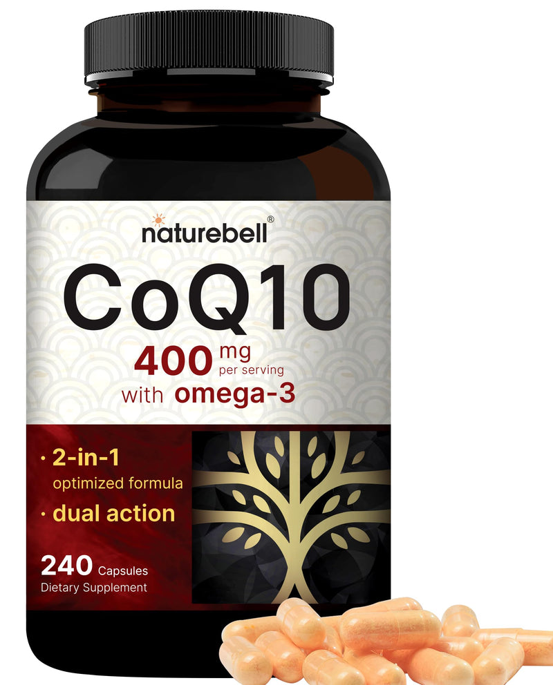 [Australia] - CoQ10 400mg with Omega 3 Fatty Acids, 240* Capsules | Stable High Absorption Form – Antioxidant Support for Heart & Energy Health – Extra Strength Coenzyme Q10 Supplement 