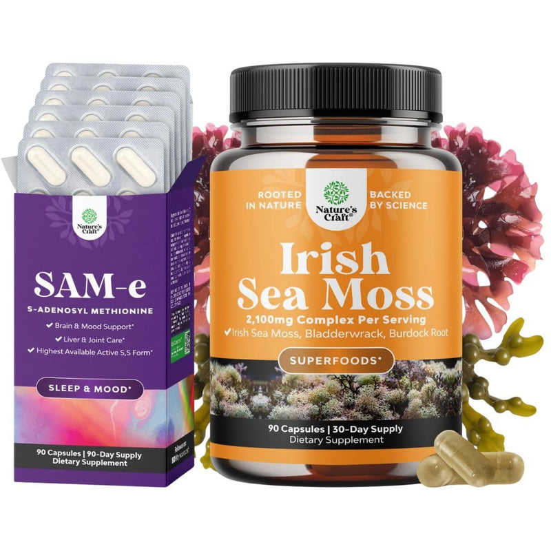 Bundle of Pure SAM-E Nootropic Brain Supplement and Organic Irish Sea Moss Capsules -Immune Support and Mood Support Supplement - Sea Moss and Bladderwrack Capsules with Burdock Root Superfood Blend