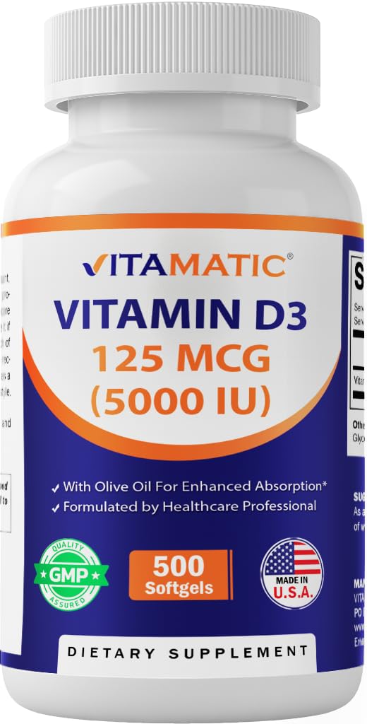Vitamatic Vitamin D3 5000 IU (125 mcg), 500 Softgels, Made in USA | Olive Oil-Based Formula, Cold Pressed, 500 Day Supply, Support Immune Health*, Non GMO, Gluten Free 500 Count (Pack of 1)