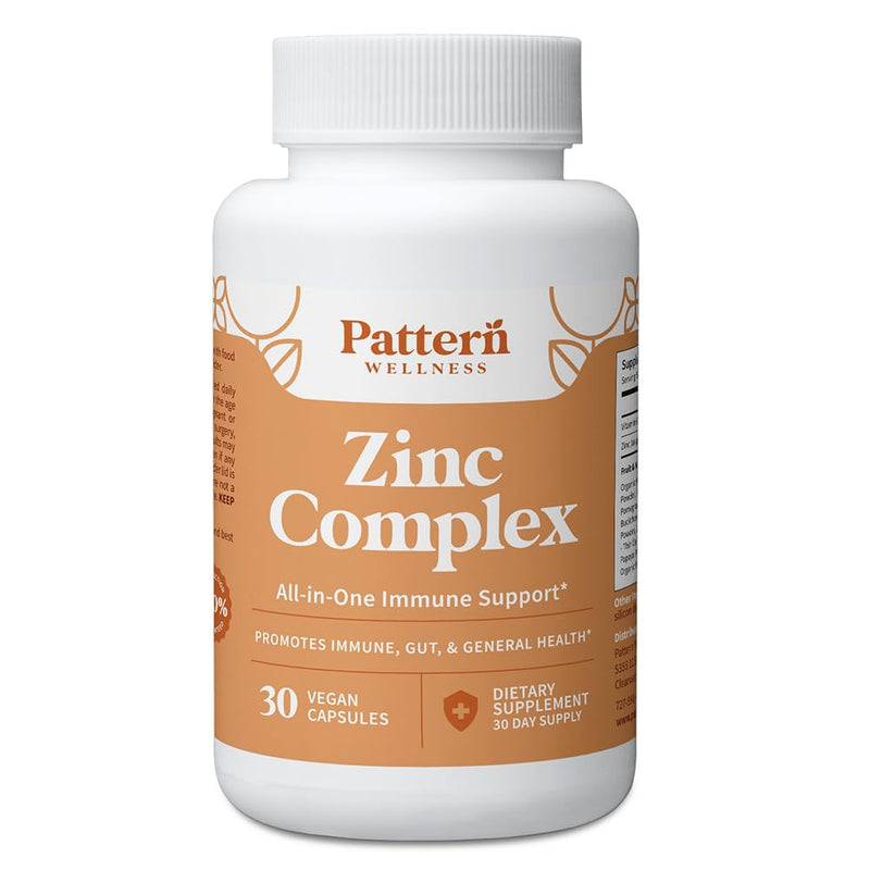 Pattern Wellness Zinc Complex Supplement – 30 Vegan Capsules | Supports Immune, Skin & Digestive Health – High Absorption Zinc with Vitamin C, Probiotics & Natural Blends 30 Count (Pack of 1)