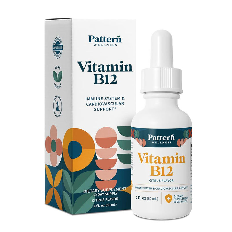 Pattern Wellness Vitamin B12, Vegan Citrus Flavor – 2 fl. oz (60mL) | 5000 mcg – Sublingual Liquid Drops – Methylcobalamin, Supports Energy & Immune Health – 3rd Party Lab Tested 2 Fl Oz (Pack of 1)