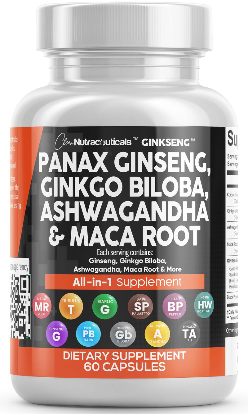[Australia] - Clean Nutraceuticals Panax Ginseng 10000mg Ginkgo Biloba 4000mg Ashwagandha Maca Root 3000mg - Focus Supplement Pills for Women and Men with Pine Bark Extract, Garlic, and Saw Palmetto - 60 Caps 