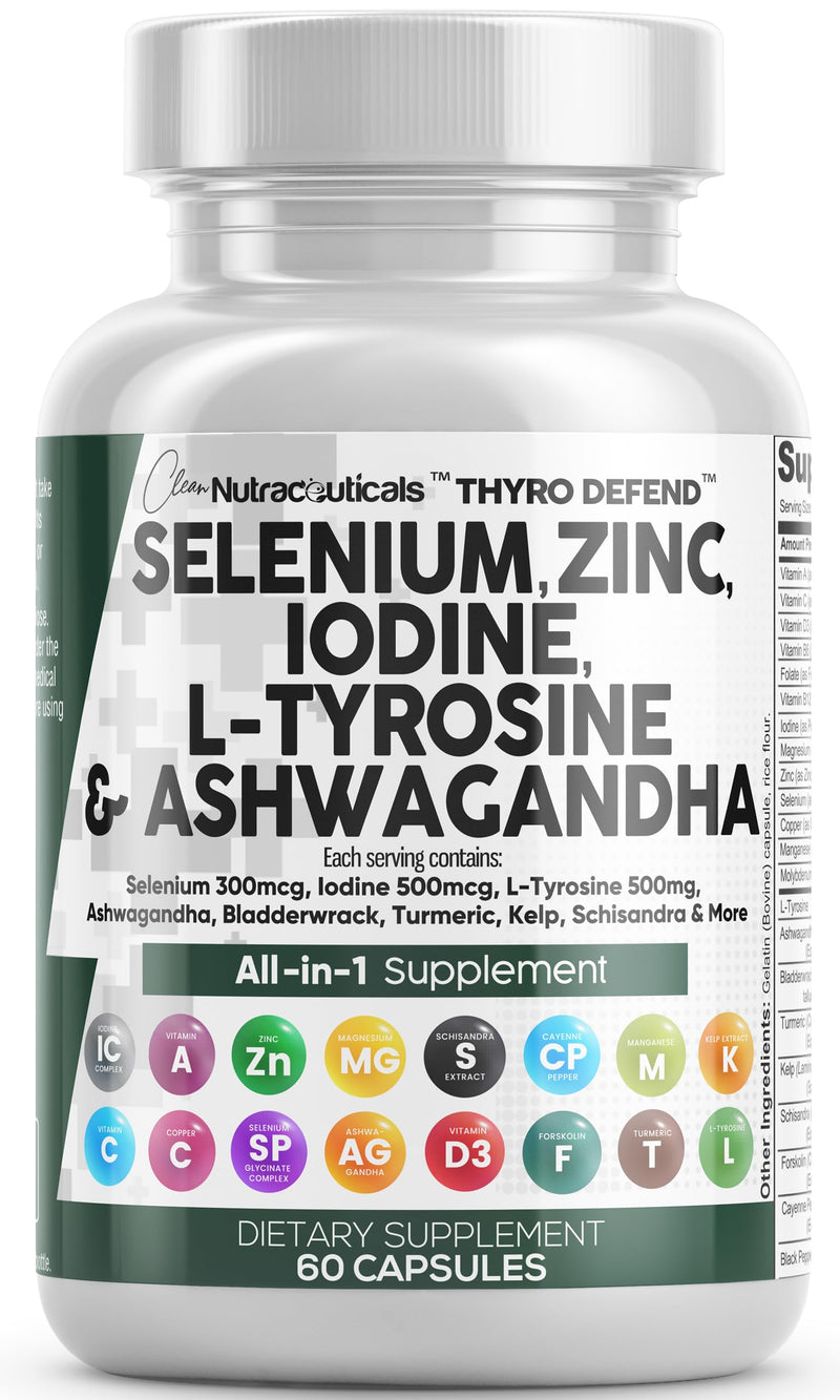 [Australia] - Clean Nutra Selenium 300mcg Iodine 500mcg Thyroid Support for Women & Men | L Tyrosine 500mg Ashwagandha Supplement Bladderwrack, Turmeric, Kelp, Schisandra Zinc Pills Capsule Supplements 