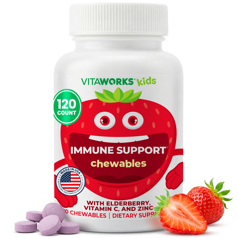 VitaWorks Kids Immune Support Chewable Tablets with Elderberry Vitamin C and Zinc, Mixed Berry Flavored, Vegan Supplements, Gluten Free, Non-GMO, 120 Chewable