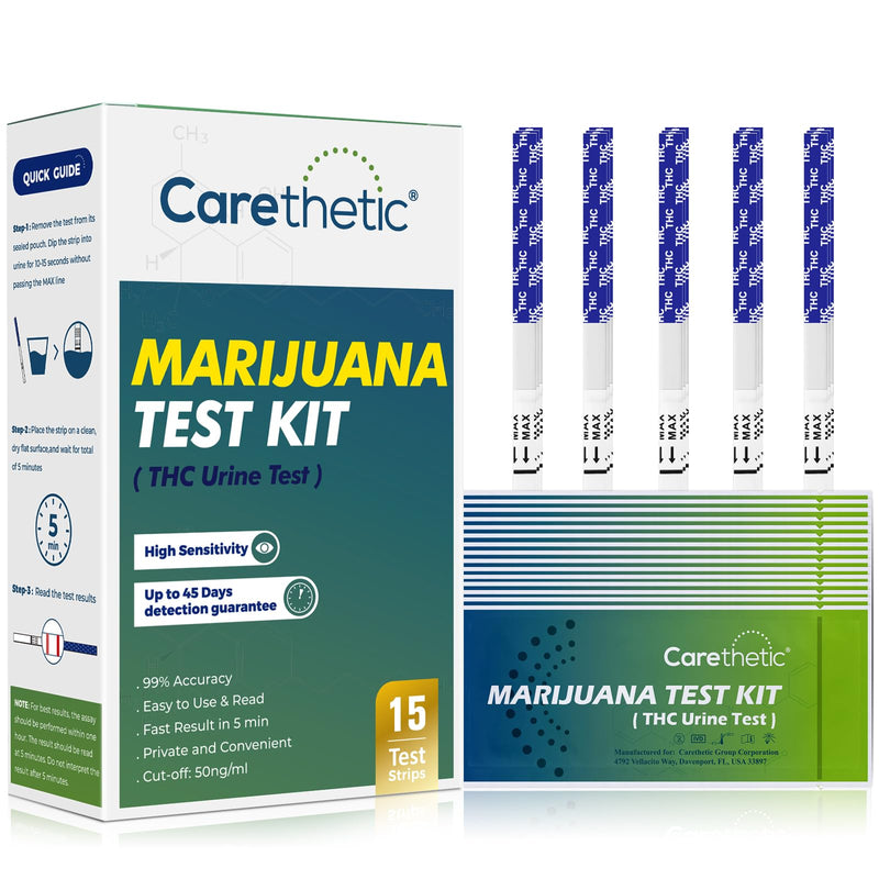 Carethetic THC Test Kit, 15 Pack Marijuana Urine Test Strips for Cannabis THC Metabolite Screening, Home Drug Test Strips with 5-Minute Results