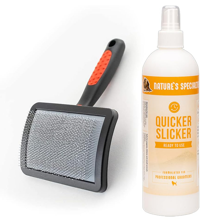 Paw Brothers Grooming Tool and Nature's Specialties Conditioning Spray Bundle - Soft Coated Pin Curved Slicker Brush, Small - Quicker Slicker Detangling and Conditioning Spray, Ready to Use, 16 oz - PawsPlanet Australia