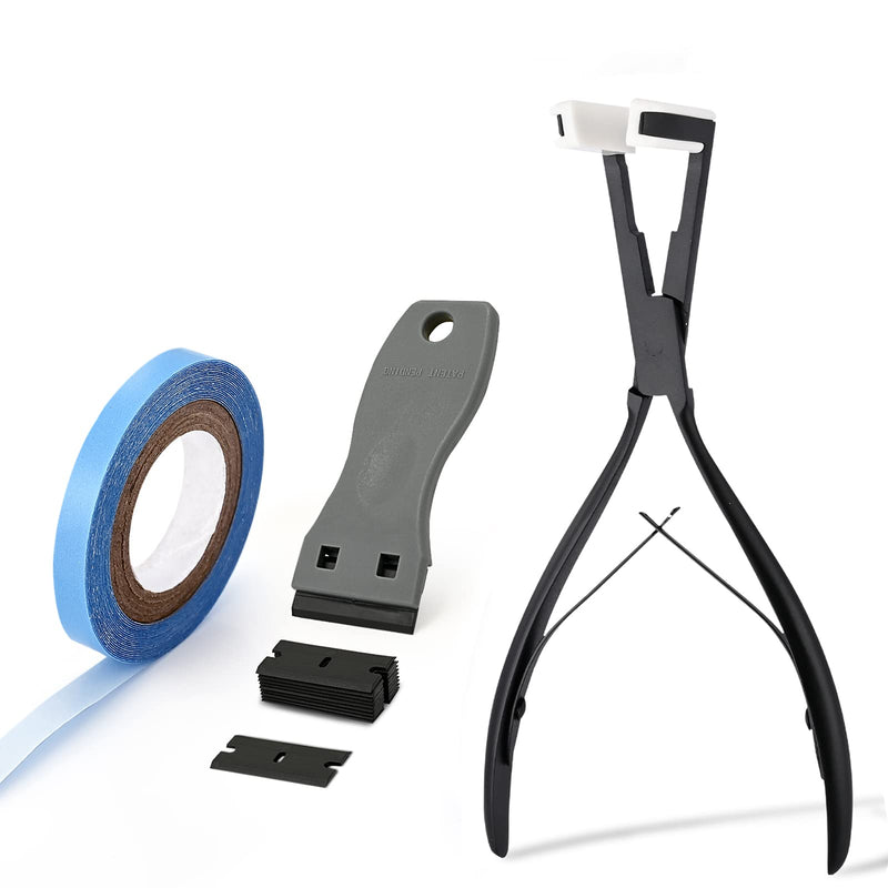 EHDIS Hair Extensions Tools Kit Tape in Hair Extensions Pliers Flat Surface Hair Sealing Pliers with Double-Sided Hair Extension Replacement Tape Lace Front Wig Adhesive Tape Roll Tape Scraper Tool 1/3" x 3 yds with Black Plier
