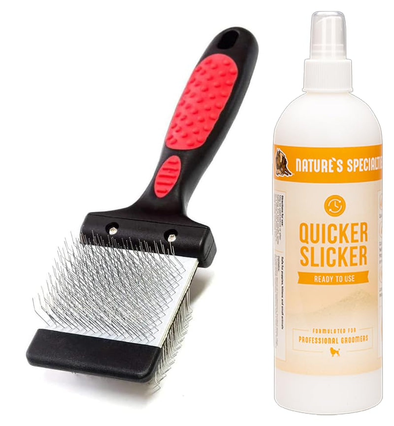 Paw Brothers Grooming Tool and Nature's Specialties Conditioning Spray Bundle - Double Sided Flex Slicker Brush, Soft, Small - Quicker Slicker Detangling and Conditioning Spray, Ready to Use, 16 oz - PawsPlanet Australia
