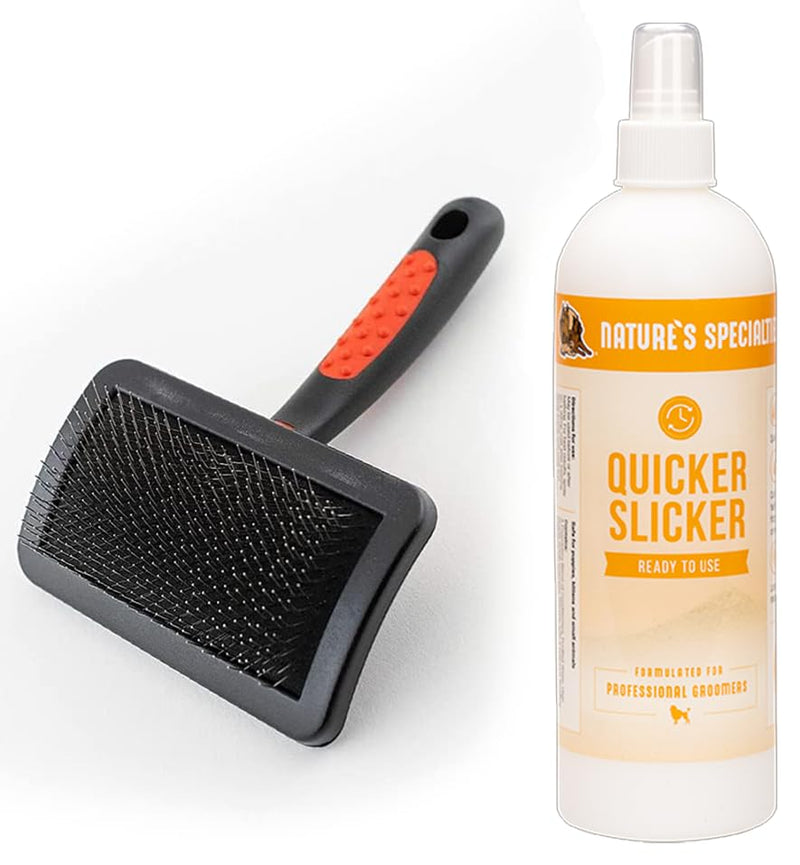 Paw Brothers Grooming Tool and Nature's Specialties Conditioning Spray Bundle - Hard Pin Curved Slicker Brush, Medium, 3.5 in. - Quicker Slicker Detangling and Conditioning Spray, Ready to Use, 16 oz - PawsPlanet Australia