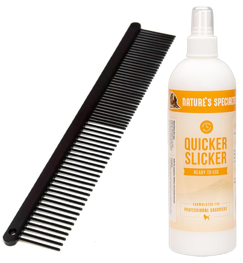 Paw Brothers Grooming Tool and Nature's Specialties Conditioning Spray Bundle - Greyhound Style Comb, Teflon, Fine/Coarse., 7.5 in - Quicker Slicker Detangle and Condition Spray, Ready to Use, 16 oz - PawsPlanet Australia