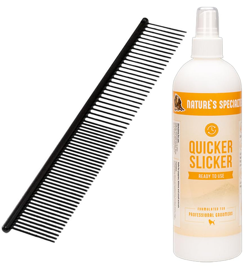 Paw Brothers Grooming Tool and Nature's Specialties Conditioning Spray Bundle - Greyhound Style Comb, Teflon, Fine/Med., 7.5 in - Quicker Slicker Detangling and Conditioning Spray, Ready to Use, 16 oz - PawsPlanet Australia