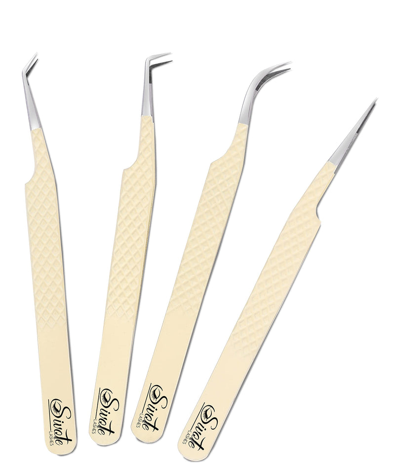 SIVOTE Fiber Tips Lash Tweezers for Eyelash Extensions, Set of 4, Curved, Dolphin, 90 Degree & 45 Degree Tweezer, Vanilla 4 Pack
