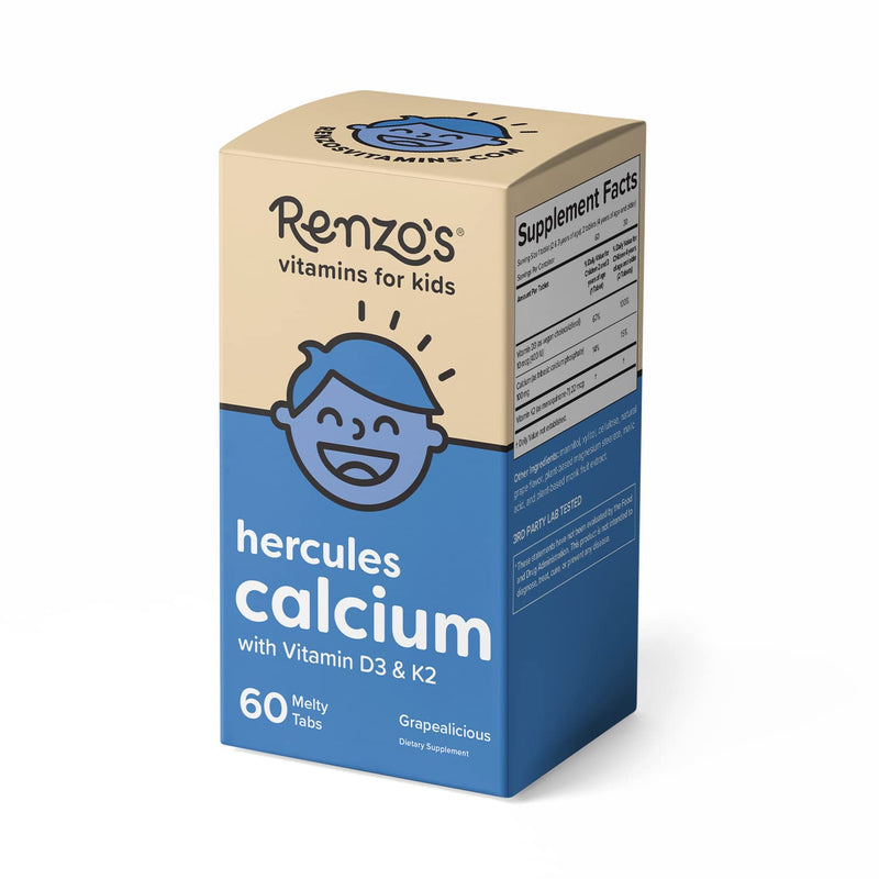 [Australia] - Renzo's Hercules Calcium Supplement with Vitamin D3 & K2 - Dissolvable - for Ages 2+ - Kids Vitamins - 60 Grape-Flavored Melty Tabs 