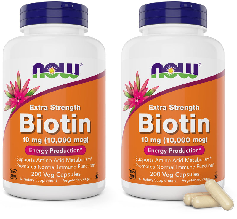 NOW Foods Extra Strength Biotin 10,000mcg / 10 mg - 200 Veg Capsules (Pack of 2) - Hair, Skin, Nail - Supplement for Men and Women - B7 Vitamin - Vegetarian, Vegan, Non-GMO 200 Count (Pack of 2)