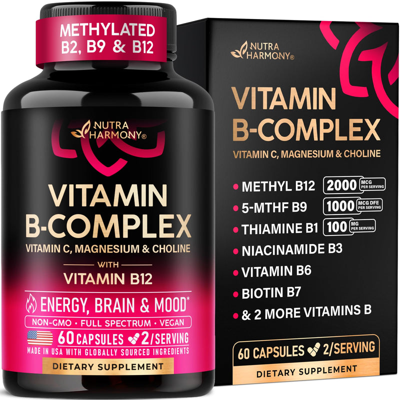 Vitamin B Complex for Men & Women - Full B-Complex & Vitamin B12 - 60 Caps | B1, B2, B3, B5, B6, B7, B9, B12 with Vitamin C, Magnesium, Choline, Inositol - Energy, Brain & Mood Support Supplement 60 Count (Pack of 1)