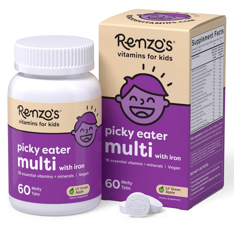 [Australia] - Renzo's Picky Eater Kids Multivitamin with Iron, Dissolving Kids Vitamins with Vitamin D3 and K2 and More, 60 Sugar-Free Melty Tabs, Lil‚Äô Green Apple Flavored 