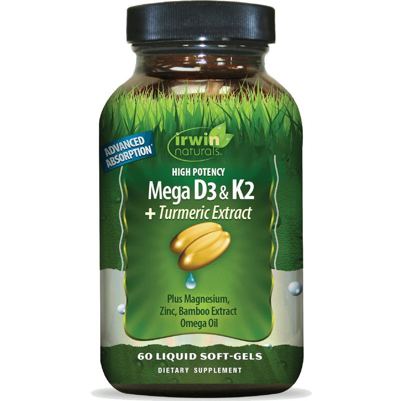 Irwin Naturals Mega D3 & K2 + Turmeric Extract | High Potency Complex | Mood, Bone & Immune Support | Vitamin D3 + MK-7 K2 | Magnesium & Zinc | 60 Liquid Soft-Gels 60 Count (Pack of 1)