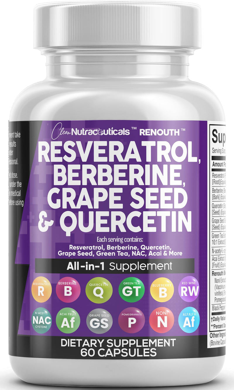 [Australia] - Resveratrol 6000mg Berberine 3000mg Grape Seed Extract 3000mg Quercetin 4000mg Green Tea Extract - Polyphenol Supplement for Women and Men with N-Acetyl Cysteine, Acai Extract - 60 Capsules 