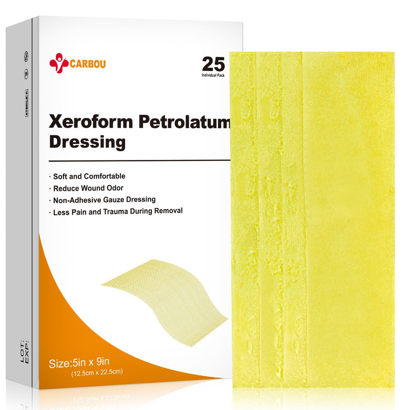 [Australia] - Carbou Medical Xeroform Petrolatum Dressing 5"x9", 25 Individual Pack, Non-Adherent Gauze Pads, Soft Fine Mesh Gauze Patch for Wound Care, Burns, Lacerations, Skin Grafts & Surgical Incisions 5"x9" (Pack of 25) 