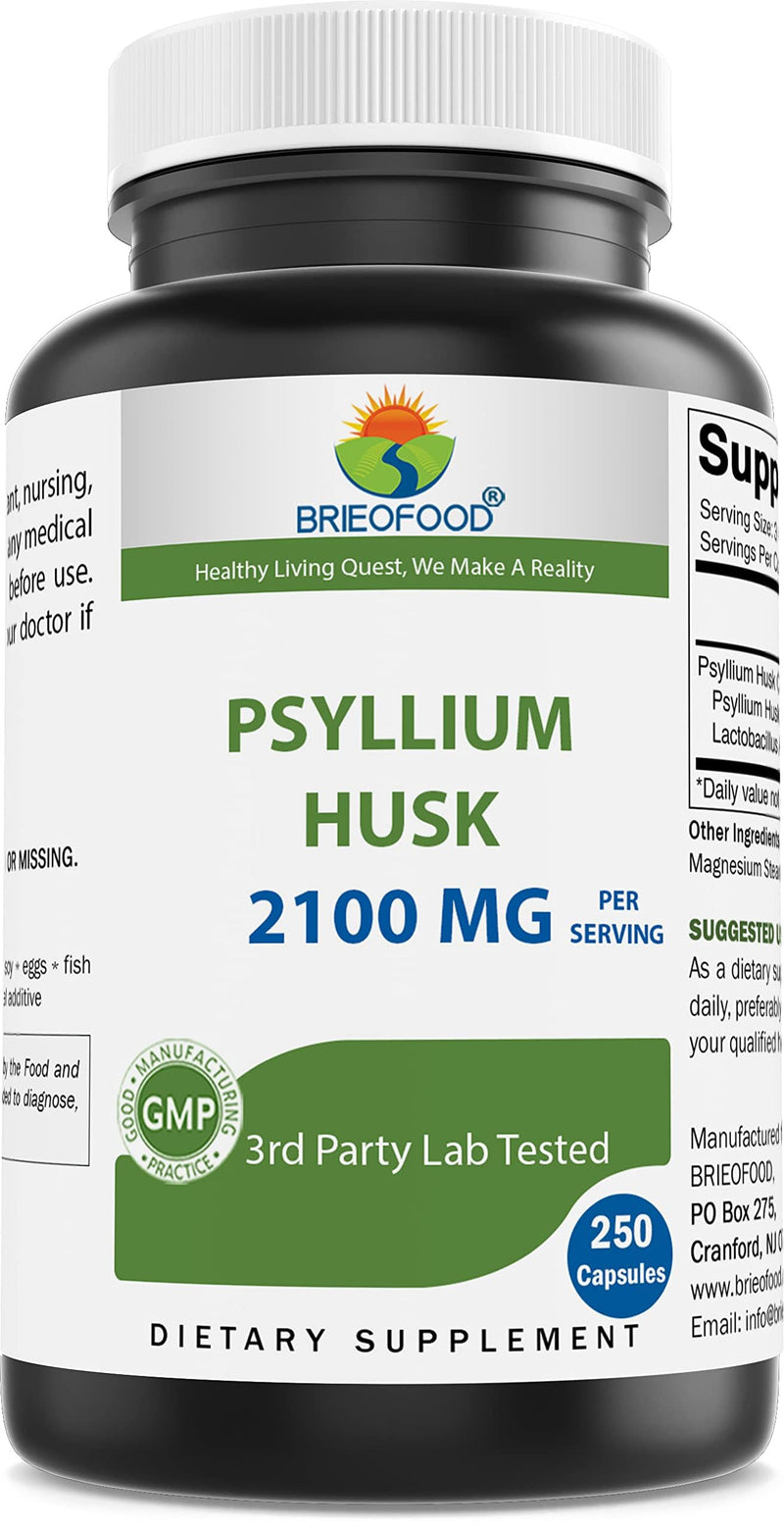 [Australia] - Brieofood Psyllium Husk Fiber Supplement with Lactobaciilus Acidophillus (La-14) - 2100mg per Serving - 250 Capsules - Helps Support Digestion, INTESTINAL Health & Regularity 