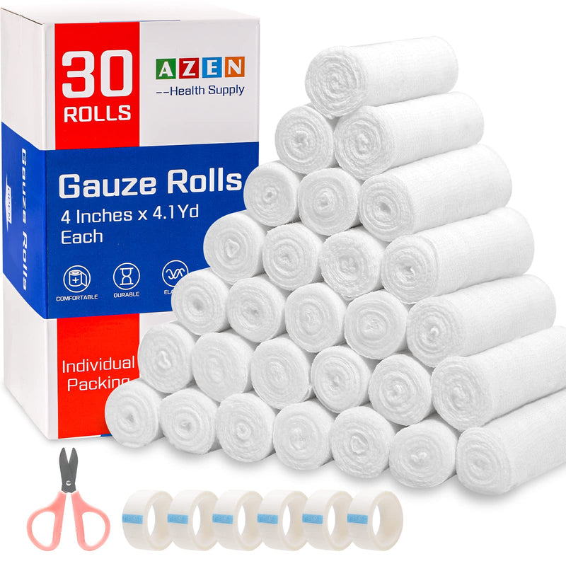 [Australia] - AZEN 30 Pack Gauze Rolls Bandages, 4 in x 4.1 Yards, Premium Medical Supplies & First Aid Supplies, Bandage Wrap Vet Wrap, Mummy Wraps 4IN C-30P 