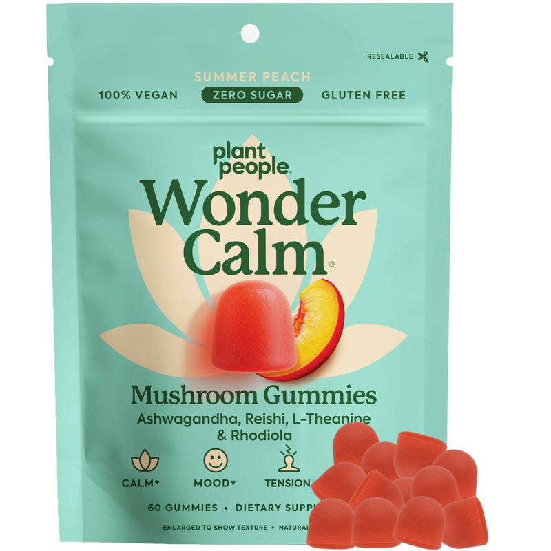 [Australia] - Plant People WonderCalm Mushroom Gummies - Natural Ashwagandha Supplement to Ease Stress & Boost Mood for Adults Without Sugar, Gluten or Artificial Colors, Vegan-Friendly, Peach Flavor, 60 Count 60 Count (Pack of 1) 