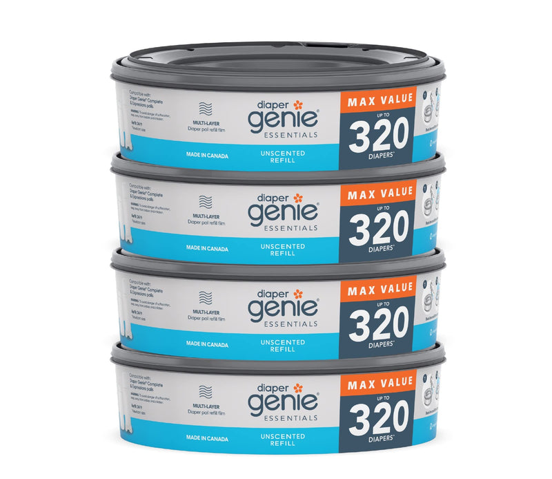 [Australia] - Diaper Genie Essentials Round Refill Pack of 4 | Holds Up to 1280 Newborn Diapers | Features Unscented Continuous Film | Compatible with Diaper Genie Complete and Expressions Pails 1 Count (Pack of 4) 