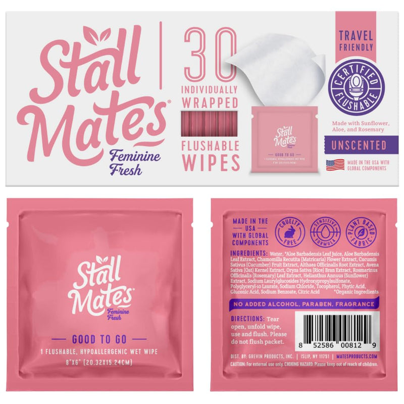 [Australia] - Stall Mates Wipes Feminine Fresh - Flushable | Individually Wrapped Cleansing Travel Friendly PH balanced Unscented with Sunflower, Rosemary and Aloe (30 on-the-go singles) 